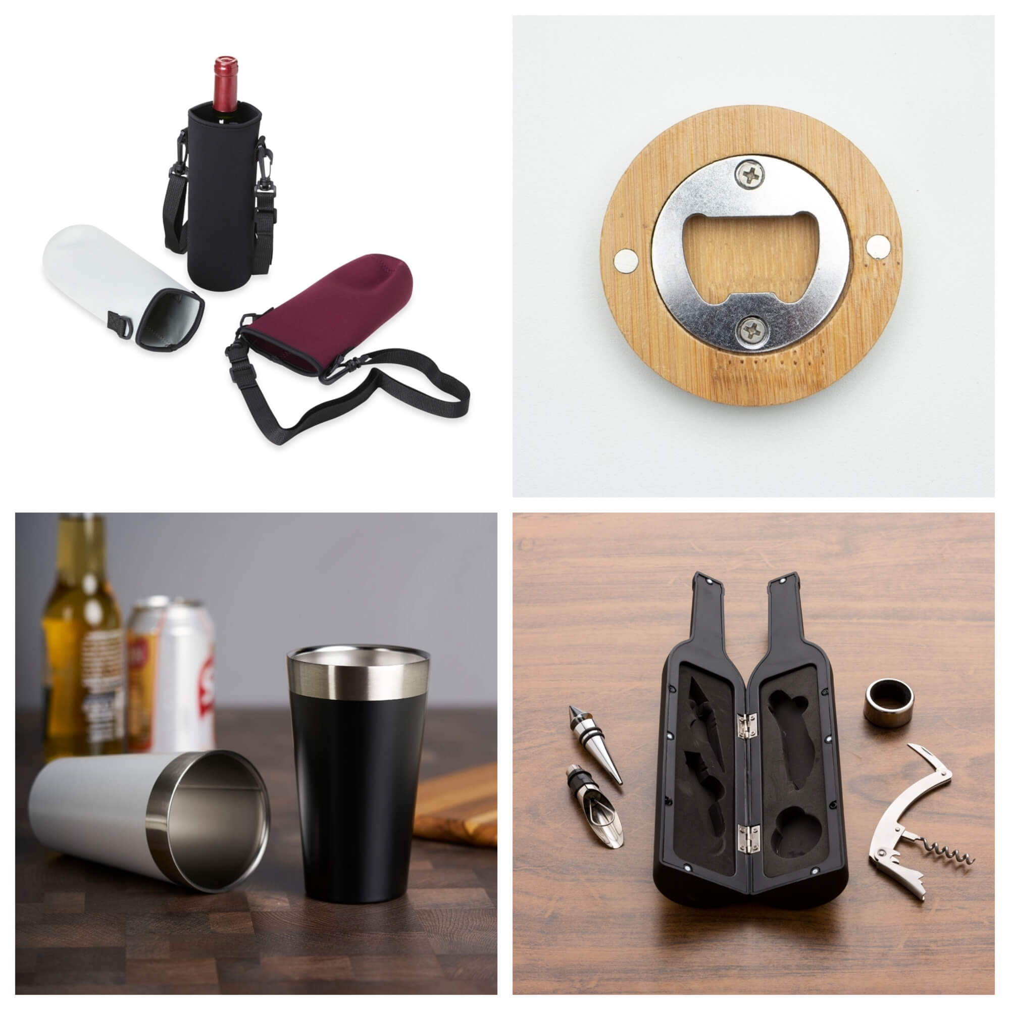 Foto ilustrativa na qual mostra um conjunto de brindes para o setor de bebidas composto por: No canto superior esquerdo uma foto de porta garrafas de com alça para transporte preta um na cor bordô, outro branco sem alça ambos vazios e um na cor preta com alça preta com um garrafa de vinha com a tampa na cor vermelha. E no canto superior direito um abridor de bambu de cor beje redondo com uma peça interna de metal fixada por dois parafusos. No canto inferior esquerdo encontra dois copos térmicos com a borda prateada um deles na cor branca apoiado de lado sobre uma mesa marrom escuro, e um copo preto também apoiado sobre a mesa marrom. Ao fundo uma garrafa de cerveja pequena transparente com letras do rótulo na cor branca, e uma lata de cerveja na cor branca com detalhes em amarelo e vermelho. E no canto inferior direito um porta acessórios para vinho aberto na cor preta e acessórios aos lado na cor prateado todos sobre uma mesa de madeira de cor marrom claro. 