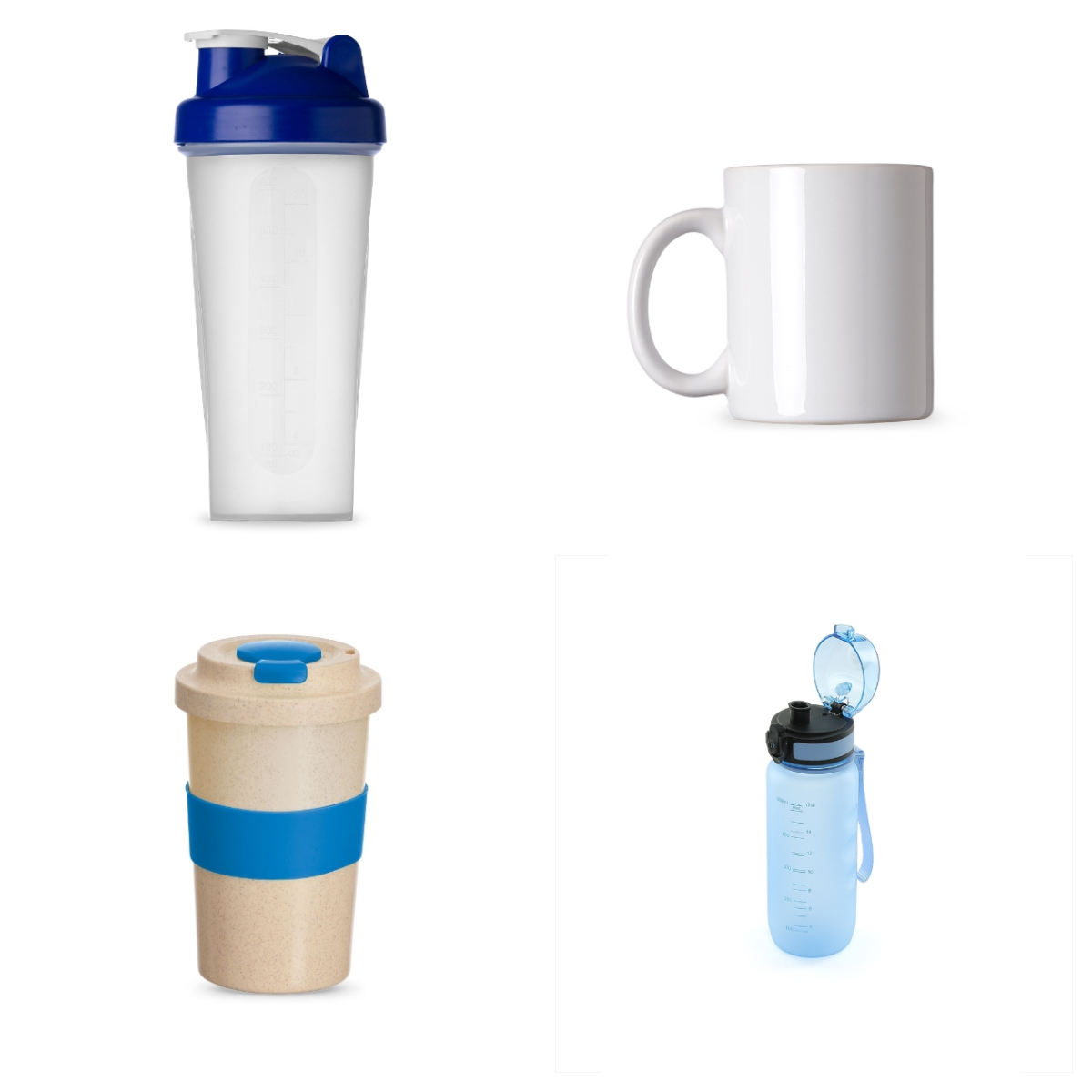 Foto ilustrativa Canto superior esquerda um coqueteleira transparente com tampa azul com branco. Canto superior direito uma caneca branca simples com a asa virada para esquerda. Canto inferior esquerdo um copo de fibra de bambu de cor beje com um detalhe azul no corpo do copo e com também beje e azul. Uma squeeze na cor azul claro translucido com marcações da quantidade de liquido tampa preta com azul translucido e alça na cor azul translucido. 