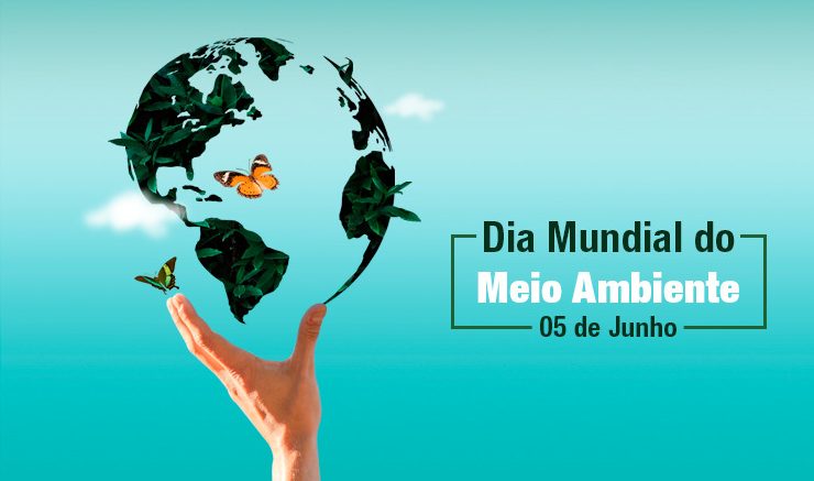 Imagem ilustrativa com um fundo em dois tons de azul, e uma mão segurando com se fosse um globo terrestre representando os continentes por folhagens verdes e uma borboleta amarela, e ao lado direito a mensagem: Dia Mundial do (na cor verde escuro) Meio ambiente ( na cor branca) e 05 de junho (também na cor verde escuro)